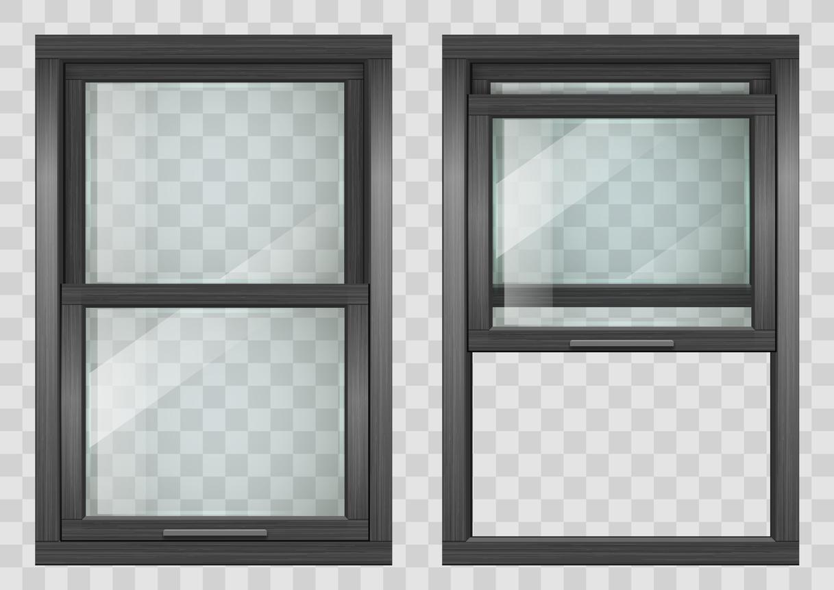 Wooden rectangular black lifting Sliding window with transparent glass. Vector graphics