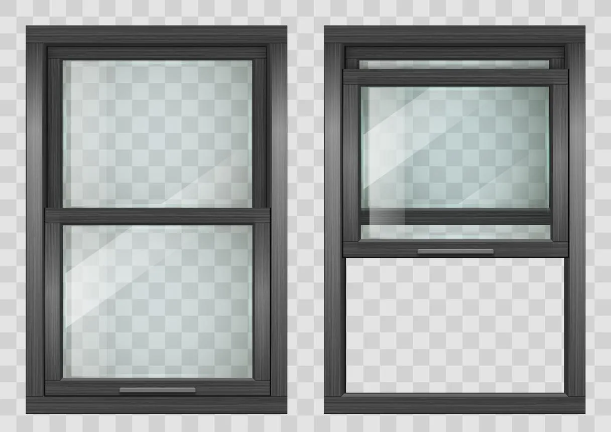 Ventana tipo guillotina Wooden rectangular black lifting Sliding window with transparent glass. Vector graphics